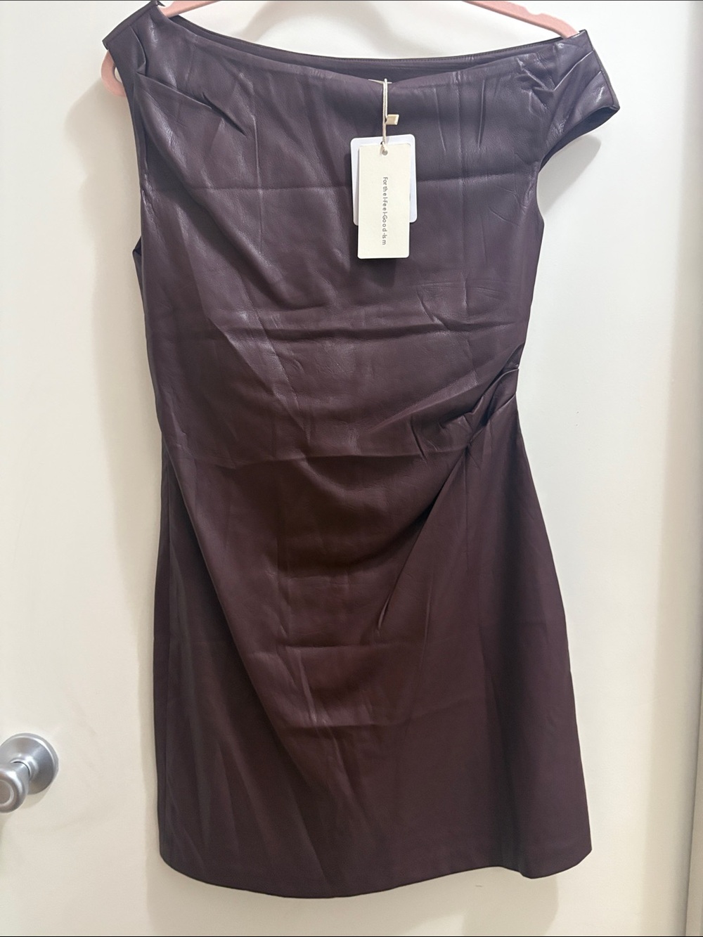 Commense One-Shoulder Faux Leather Dress in Dark Brown